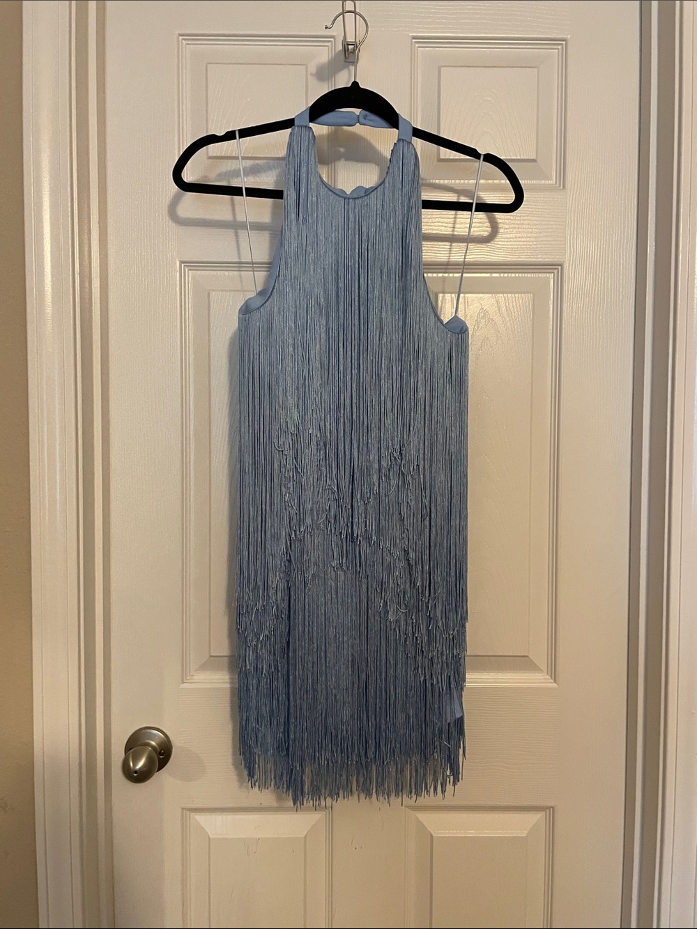 Vici Light Blue Fringe Halter Mini Dress